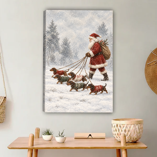Santa Dachshund Snow Walk Canvas Wall Art unframed above a light wood console and woven basket.