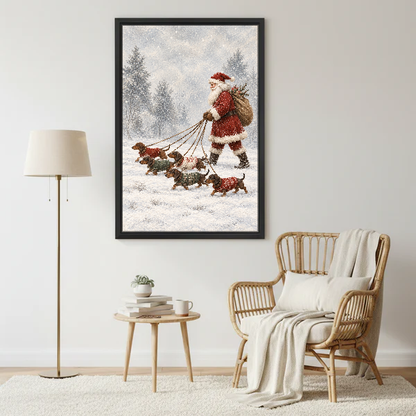 Santa Dachshund Snow Walk Canvas Wall Art framed beside a wicker armchair and brass floor lamp.