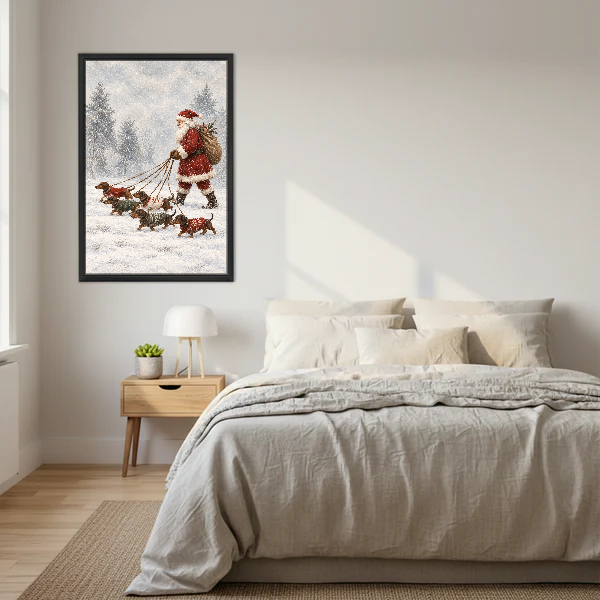 Santa Dachshund Snow Walk Canvas Wall Art framed above cream bedding and pale wood nightstands.