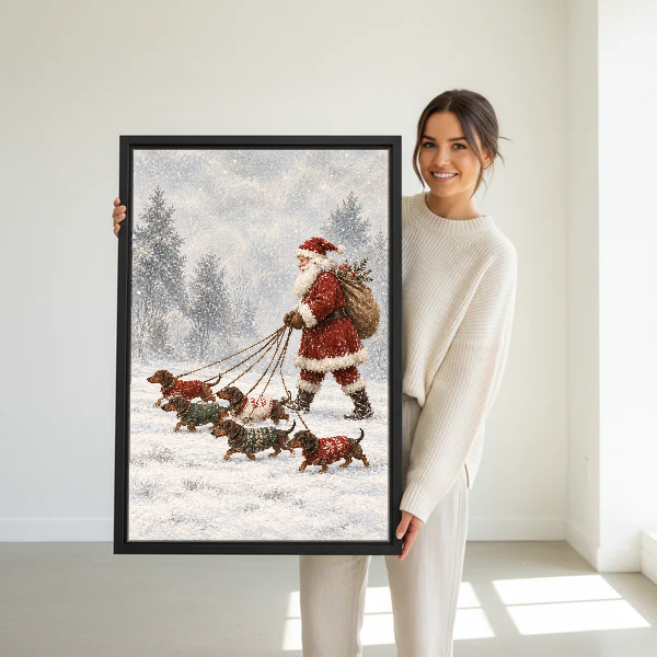 Santa Dachshund Snow Walk Canvas Wall Art held in a black frame by a woman in cream.