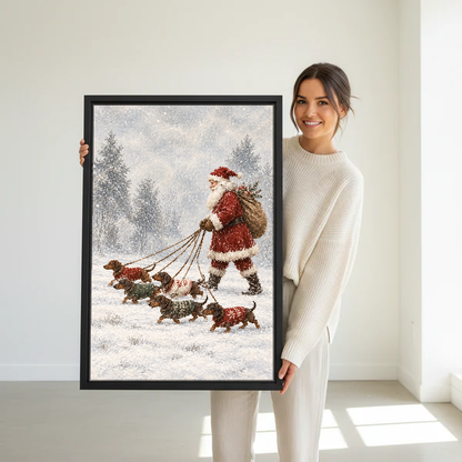 Santa Dachshund Snow Walk Canvas Wall Art held in a black frame by a woman in cream.