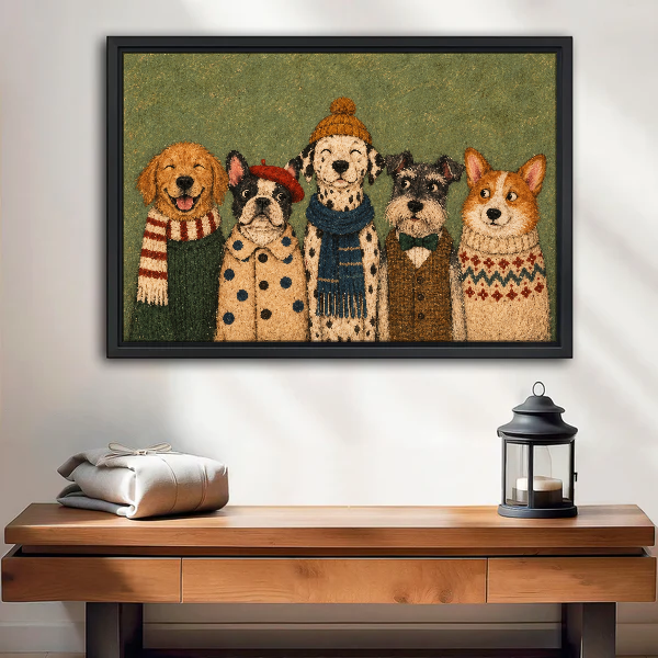 Cozy Winter Dog Friends Canvas Wall Art framed above a wood console with lantern and folded linen.