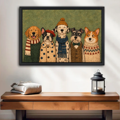 Cozy Winter Dog Friends Canvas Wall Art framed above a wood console with lantern and folded linen.