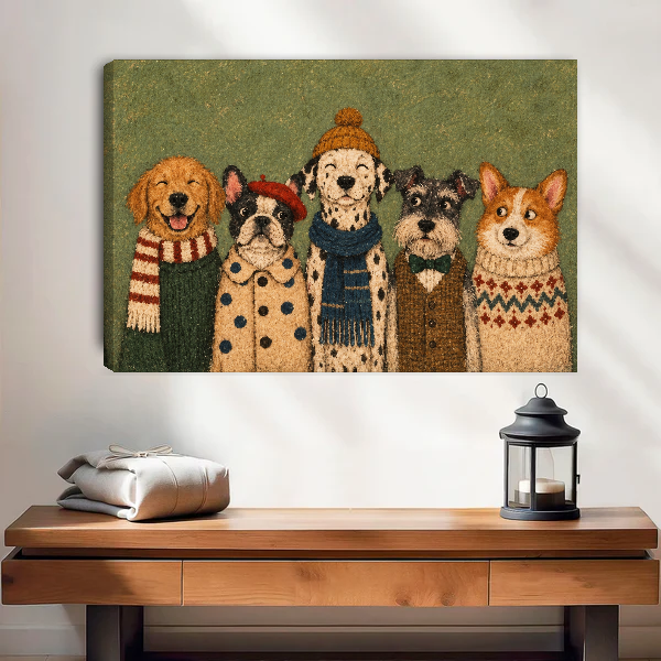Cozy Winter Dog Friends Canvas Wall Art unframed above a wood console with lantern and folded linen.