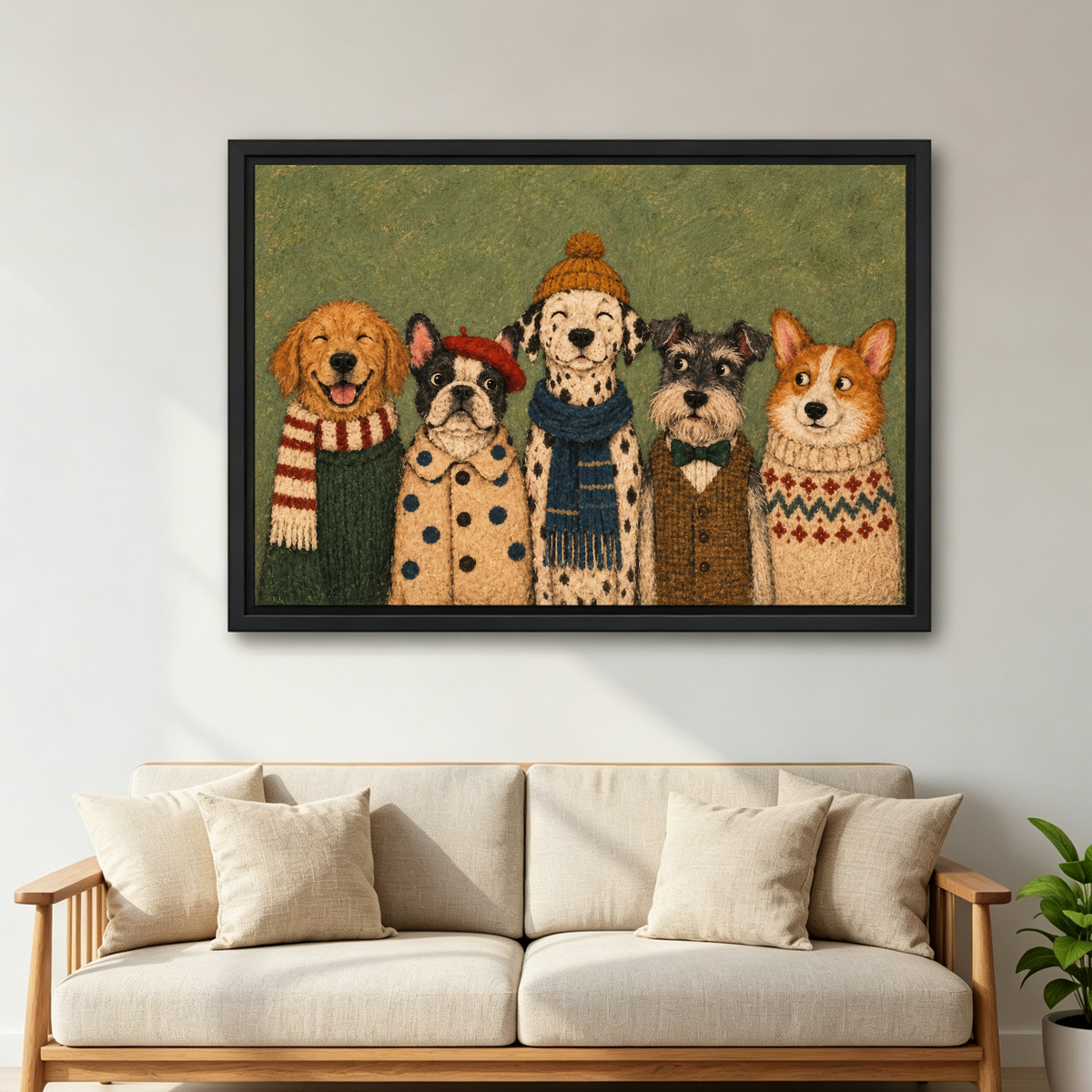 Cozy Winter Dog Friends Canvas Wall Art framed above a cream sofa with wooden arms.