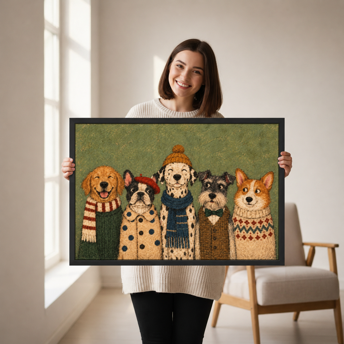 Cozy Winter Dog Friends Canvas Wall Art held by a woman in a bright neutral room.