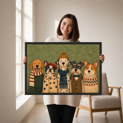 Cozy Winter Dog Friends Canvas Wall Art held by a woman in a bright neutral room.