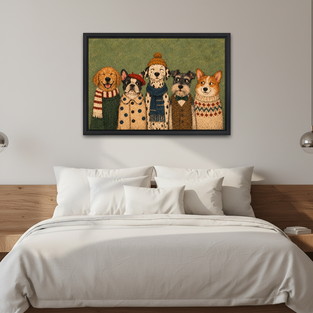 Cozy Winter Dog Friends Canvas Wall Art framed above white bedding and wooden bedside tables.