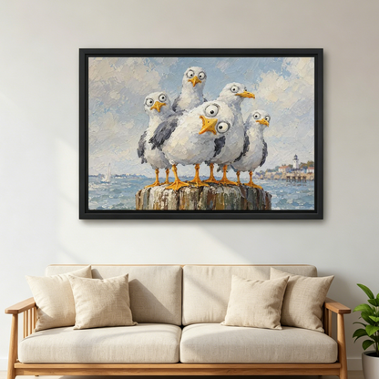Curious Coastal Gulls Canvas Wall Art framed above a cream sofa with wooden arms.