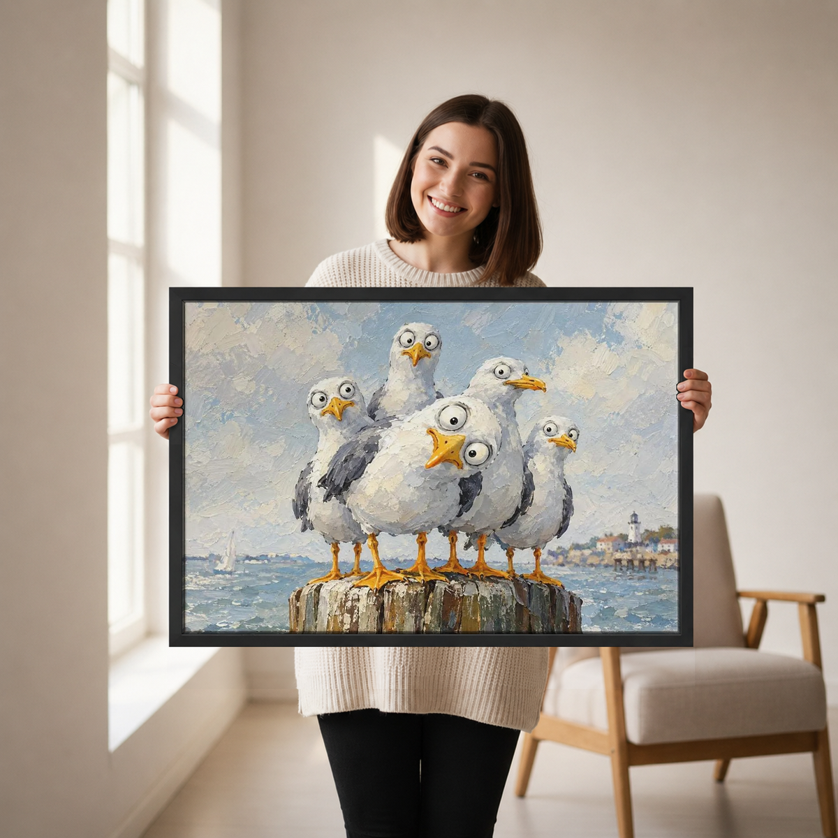 Curious Coastal Gulls Canvas Wall Art held by a woman in a bright neutral room.
