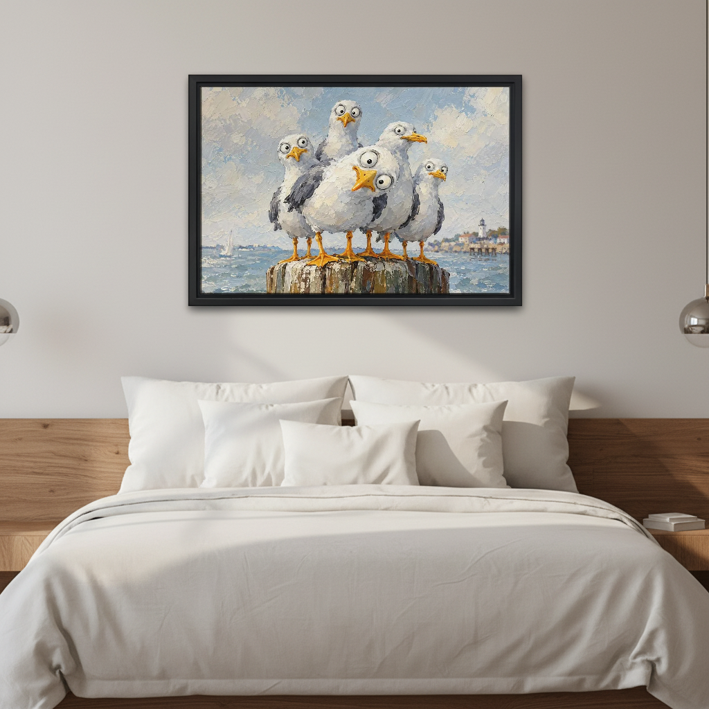 Curious Coastal Gulls Canvas Wall Art framed above white bedding and wooden bedside tables.