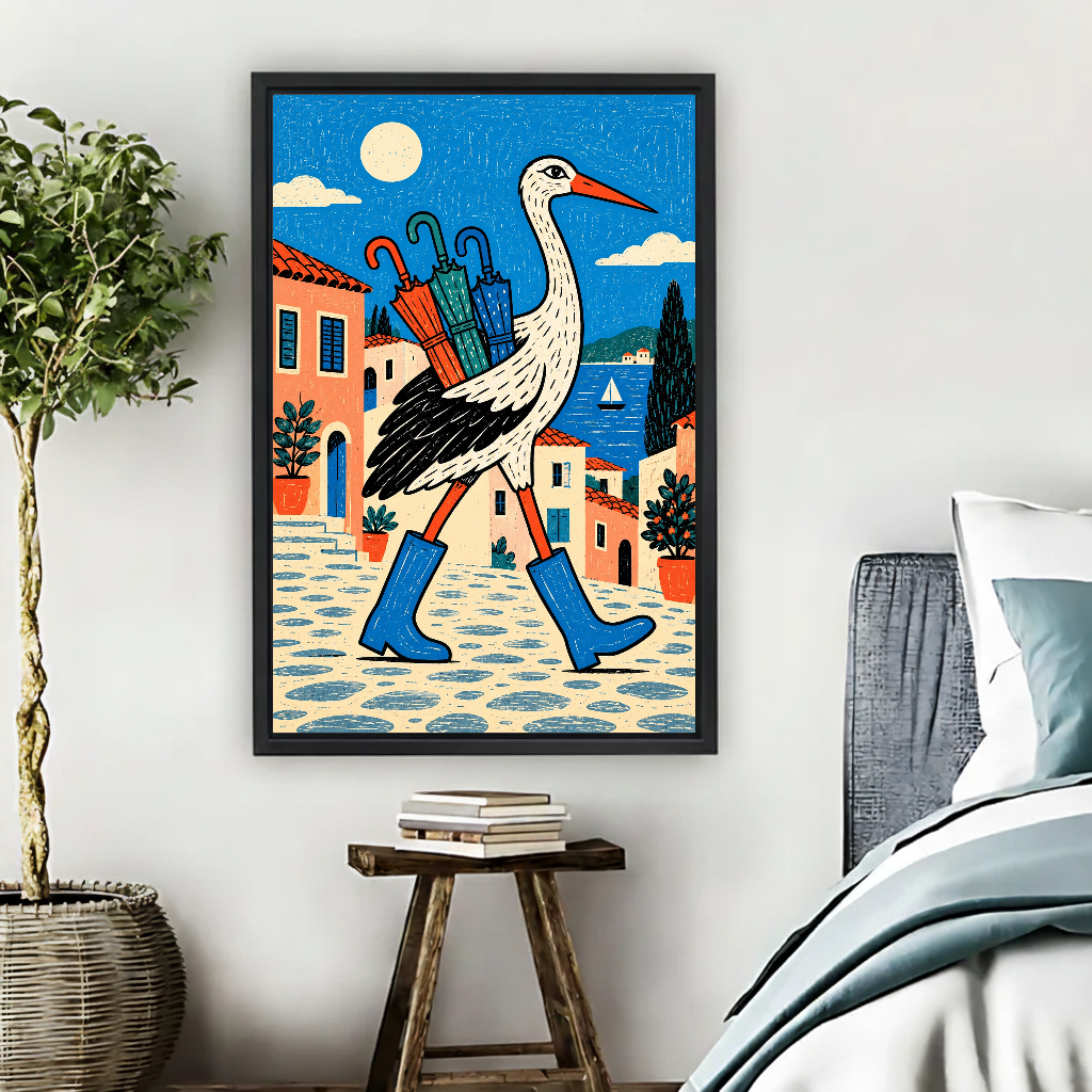 Rain Boot Stork Journey Canvas Wall Art framed above pale blue bedding beside books and plants.