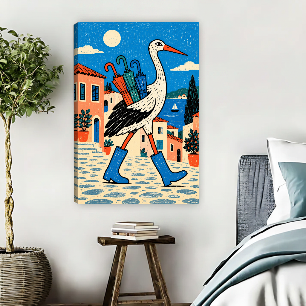 Rain Boot Stork Journey Canvas Wall Art unframed above pale blue bedding beside a potted tree.