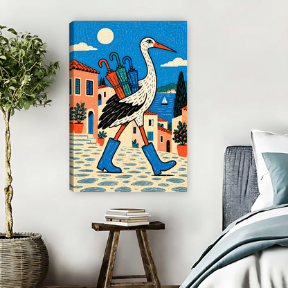 Rain Boot Stork Journey Canvas Wall Art unframed above pale blue bedding beside a potted tree.