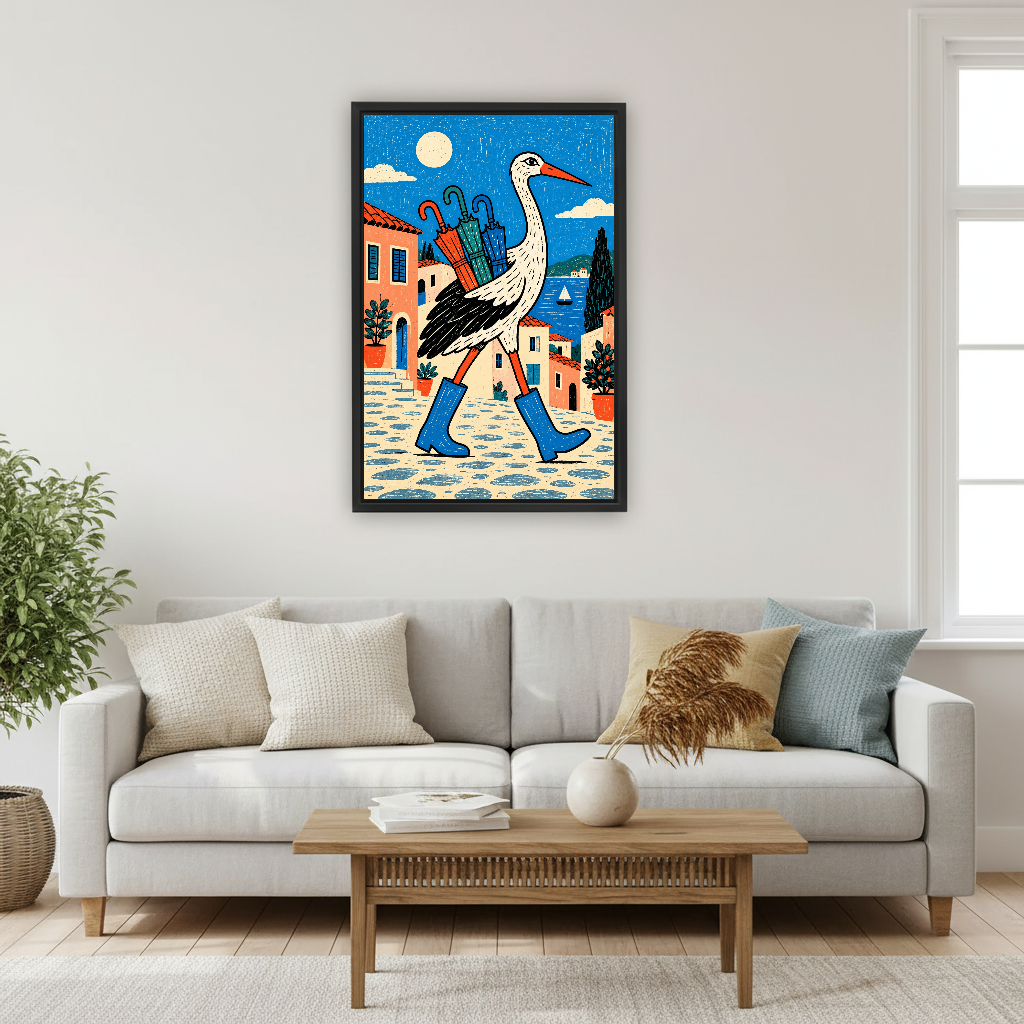 Rain Boot Stork Journey Canvas Wall Art framed above a cream sofa with blue cushions.