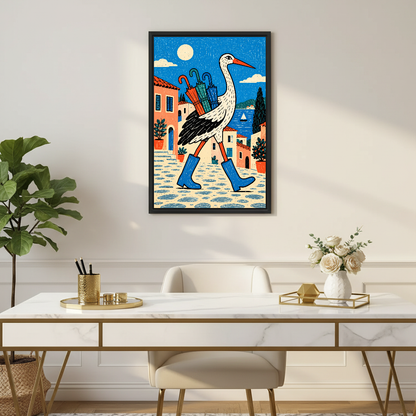 Rain Boot Stork Journey Canvas Wall Art framed above a white desk with gold legs and plants.