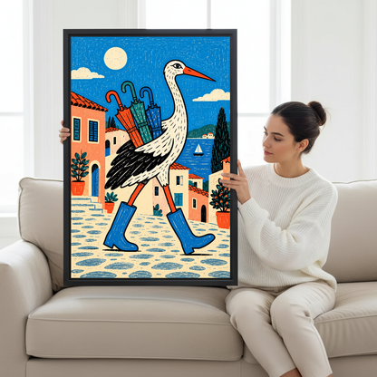 Rain Boot Stork Journey Canvas Wall Art held by a seated woman beside a cream sofa.