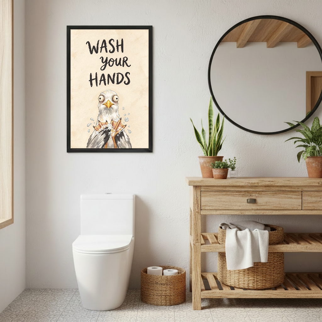 Wash Your Hands Gull Canvas Wall Art framed above a toilet beside wood vanity and round mirror.