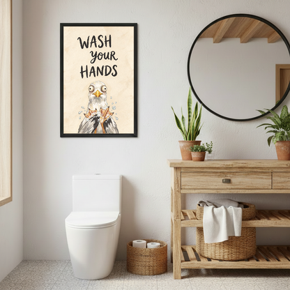 Wash Your Hands Gull Canvas Wall Art framed above a toilet beside wood vanity and round mirror.