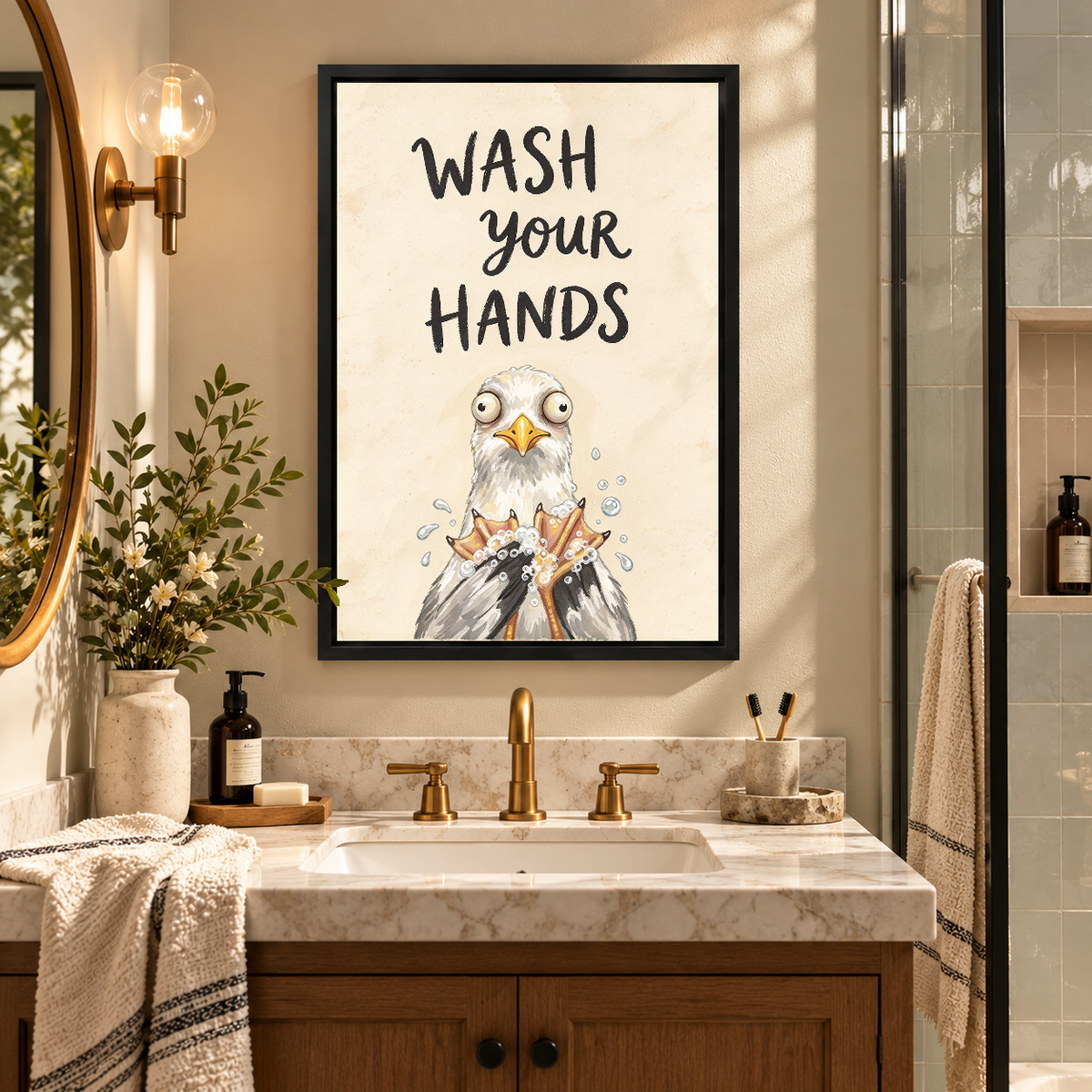 Wash Your Hands Gull Canvas Wall Art framed above a warm bathroom vanity between wall lights.