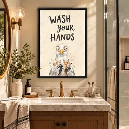 Wash Your Hands Gull Canvas Wall Art framed above a warm bathroom vanity between wall lights.