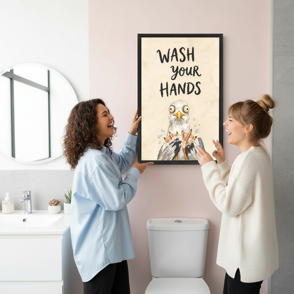 Wash Your Hands Gull Canvas Wall Art held by two women beside a bathroom mirror and toilet.