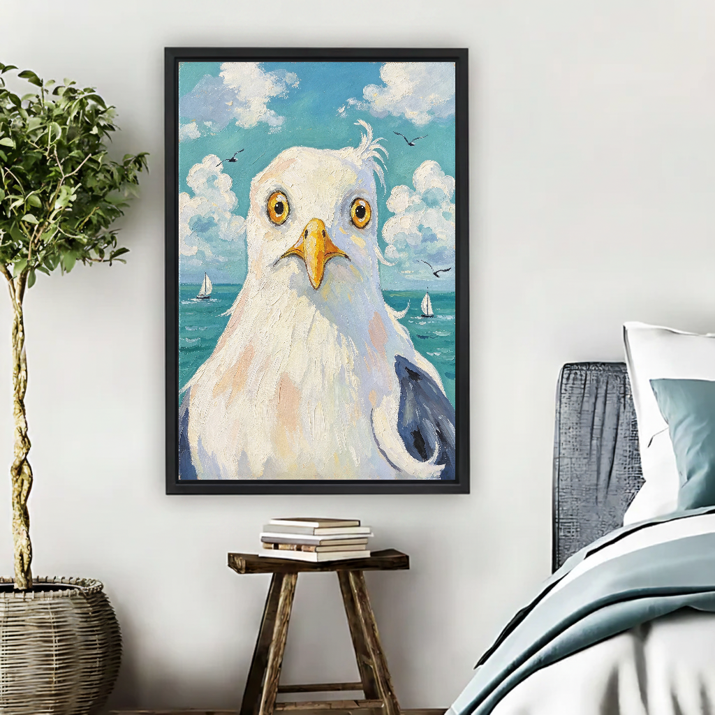 Wide Eyed Seagull Canvas Wall Art framed above pale blue bedding beside books and plants.