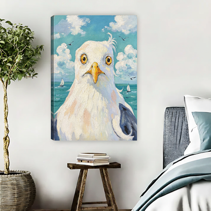 Wide Eyed Seagull Canvas Wall Art unframed above pale blue bedding beside a potted tree.