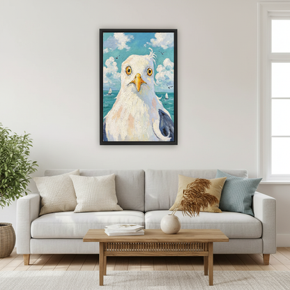 Wide Eyed Seagull Canvas Wall Art framed above a cream sofa with blue cushions.