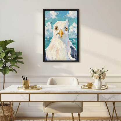 Wide Eyed Seagull Canvas Wall Art framed above a white desk with gold legs and plants.