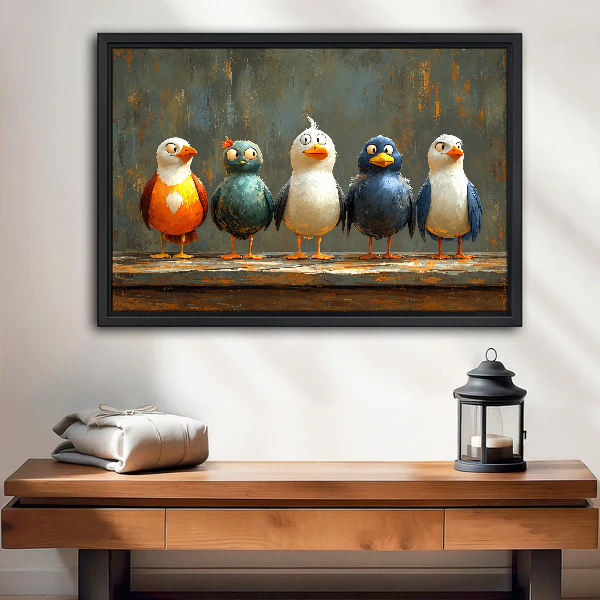 Five Quirky Bird Friends Canvas Wall Art framed above a wood console with lantern and folded linen.