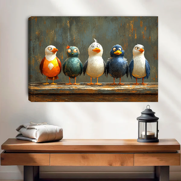 Five Quirky Bird Friends Canvas Wall Art unframed above a wood console with lantern and folded linen.