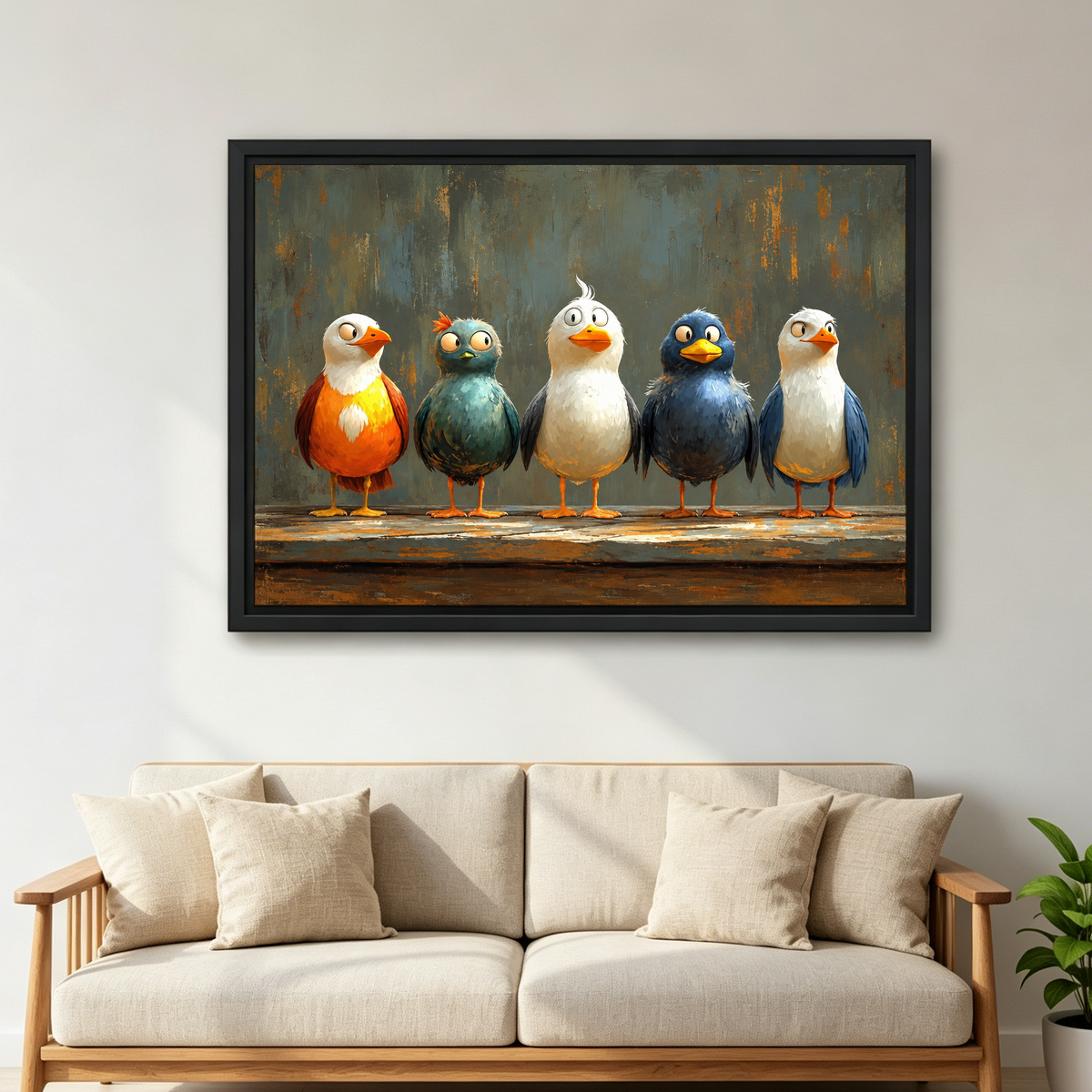 Five Quirky Bird Friends Canvas Wall Art framed above a cream sofa with wooden arms.