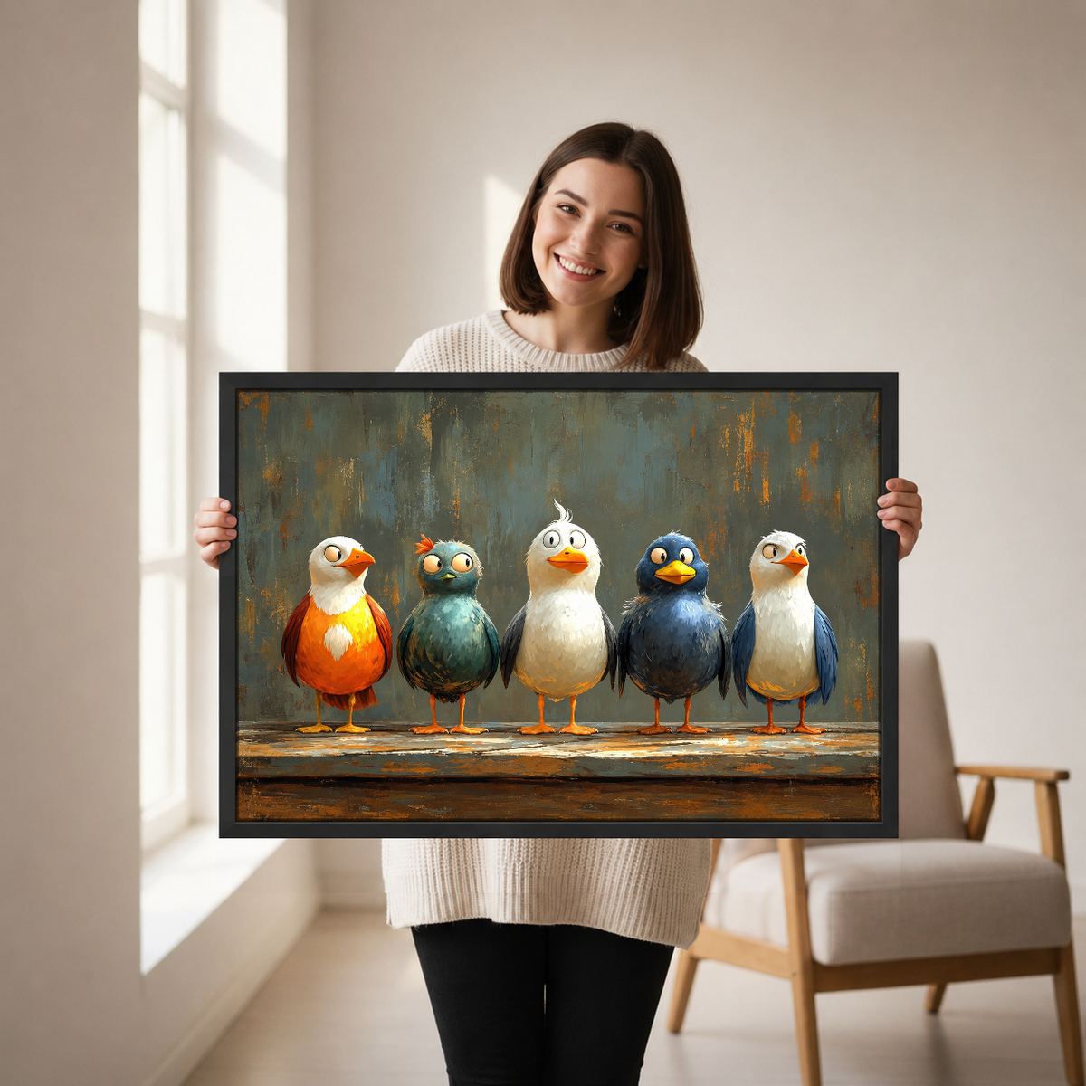 Five Quirky Bird Friends Canvas Wall Art held by a woman in a bright neutral room.