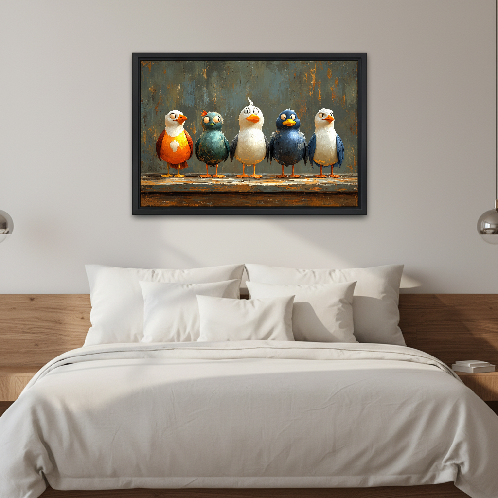 Five Quirky Bird Friends Canvas Wall Art framed above white bedding and wooden bedside tables.
