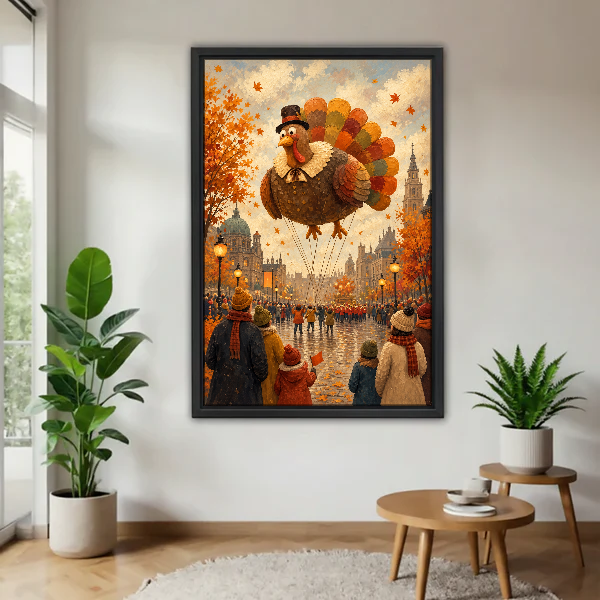 Thanksgiving Turkey Balloon Canvas Wall Art framed above a pale wood table beside green plants.