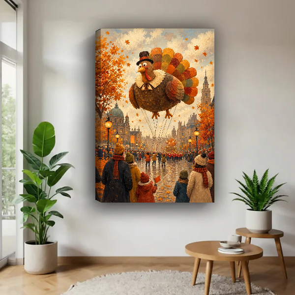 Thanksgiving Turkey Balloon Canvas Wall Art unframed above a pale wood table beside green plants.