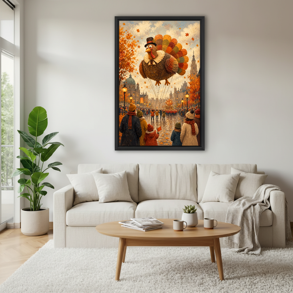Thanksgiving Turkey Balloon Canvas Wall Art framed above a cream sofa and round wood table.