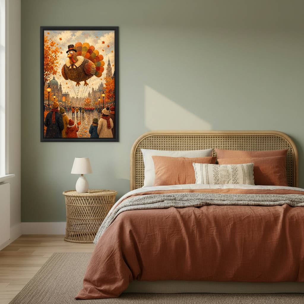 Thanksgiving Turkey Balloon Canvas Wall Art framed above rust bedding against a muted olive wall.