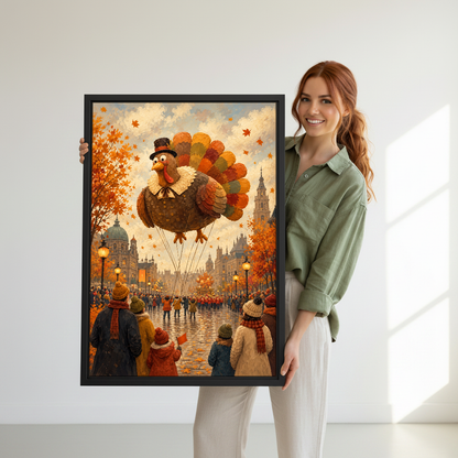 Thanksgiving Turkey Balloon Canvas Wall Art held in a black frame by a woman in green.