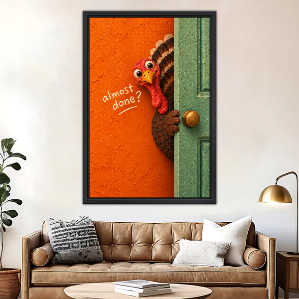 Almost Done Turkey Canvas Wall Art framed above a brown leather sofa and brass lamp.