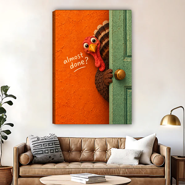 Almost Done Turkey Canvas Wall Art unframed above a brown leather sofa and brass lamp.