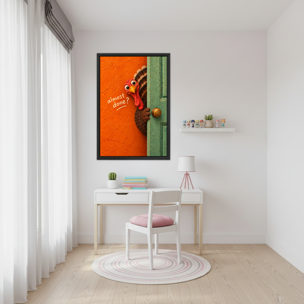 Almost Done Turkey Canvas Wall Art framed above a white desk beside a pale pink chair.