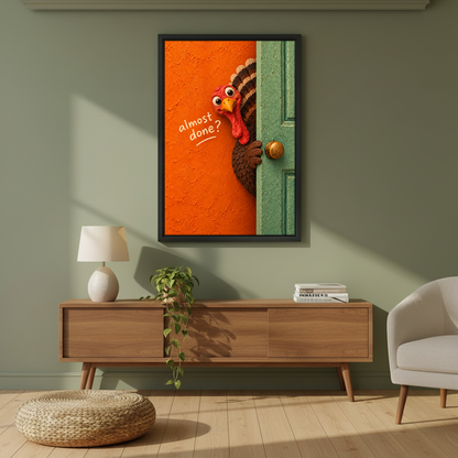 Almost Done Turkey Canvas Wall Art framed above a wood console against an olive wall.