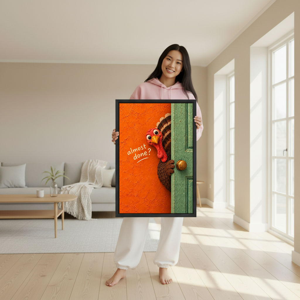 Almost Done Turkey Canvas Wall Art held in a black frame by a woman in pink.