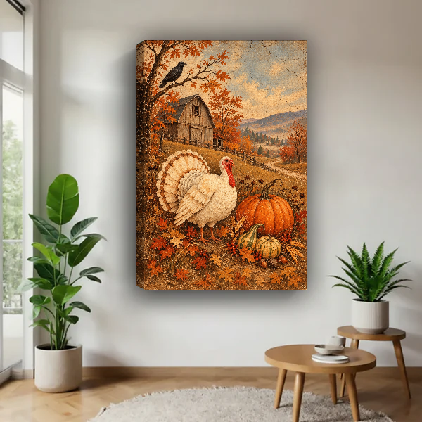 Autumn Turkey Farm Canvas Wall Art unframed above a pale wood table beside green plants.