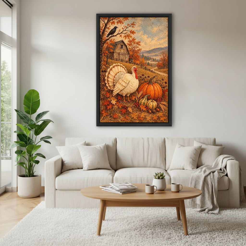 Autumn Turkey Farm Canvas Wall Art framed above a cream sofa and round wood table.