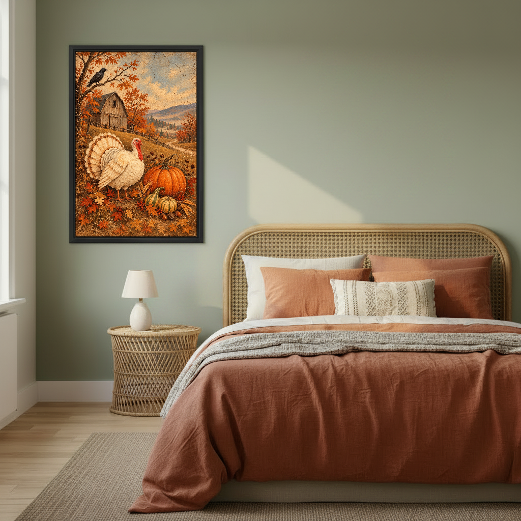Autumn Turkey Farm Canvas Wall Art framed above rust bedding against a muted olive wall.