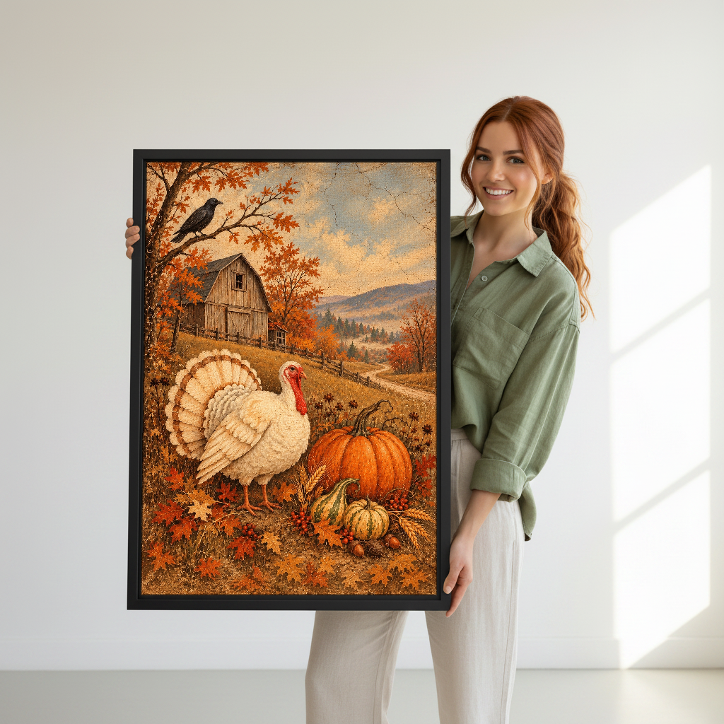 Autumn Turkey Farm Canvas Wall Art held in a black frame by a woman in green.