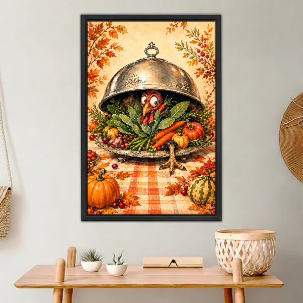 Turkey Dinner Surprise Canvas Wall Art framed above a light wood console with cacti.